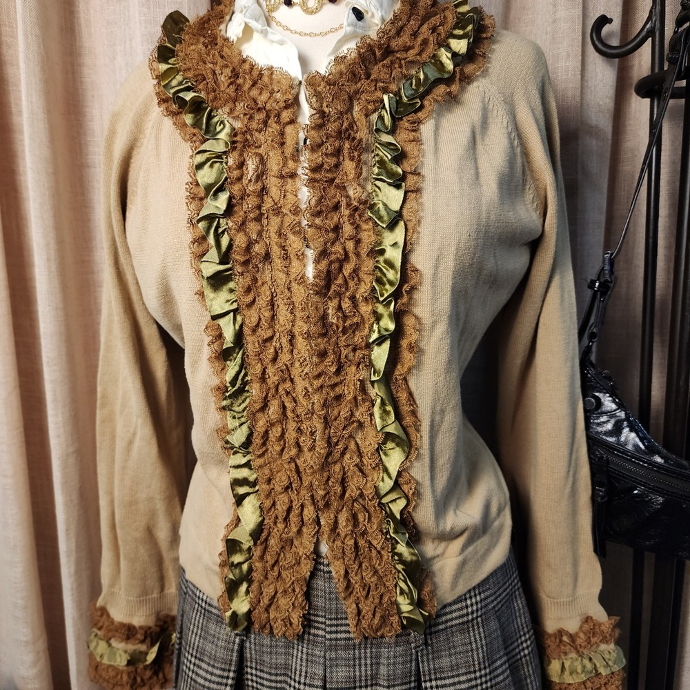 Newport News Cardigan Sweater XL Tan Ruffle Lace Satin Trim Hook Eye Closure